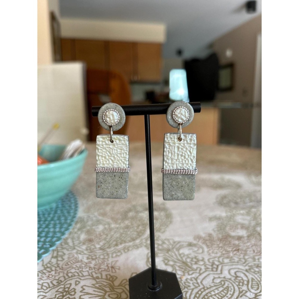 Earthtone Slate & Pearl Polymer Clay Handmade Silver Earrings